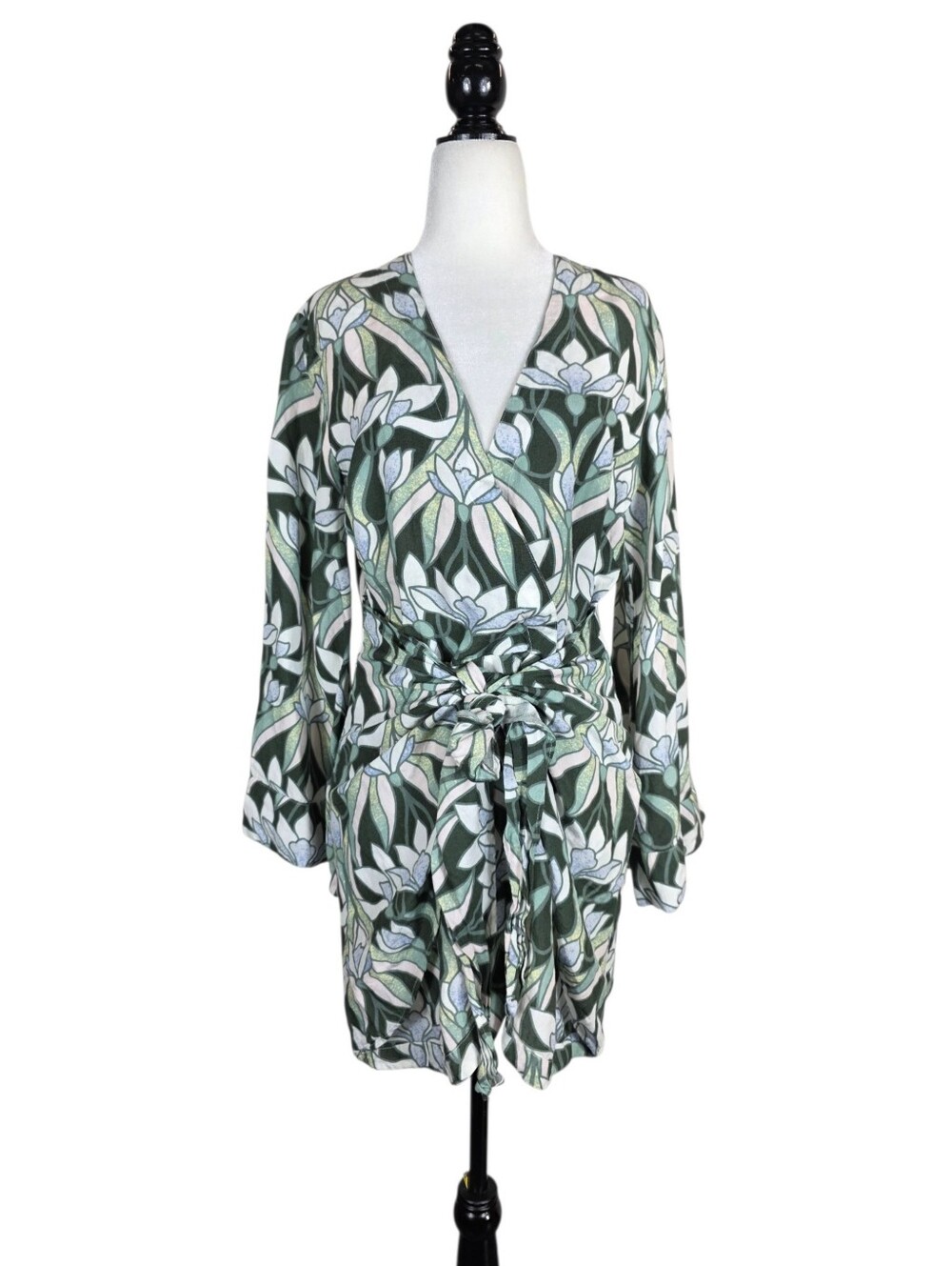 Kenny Flowers The Queen Street Wrap Mini Linen Dress w/ bell sleeves V neck